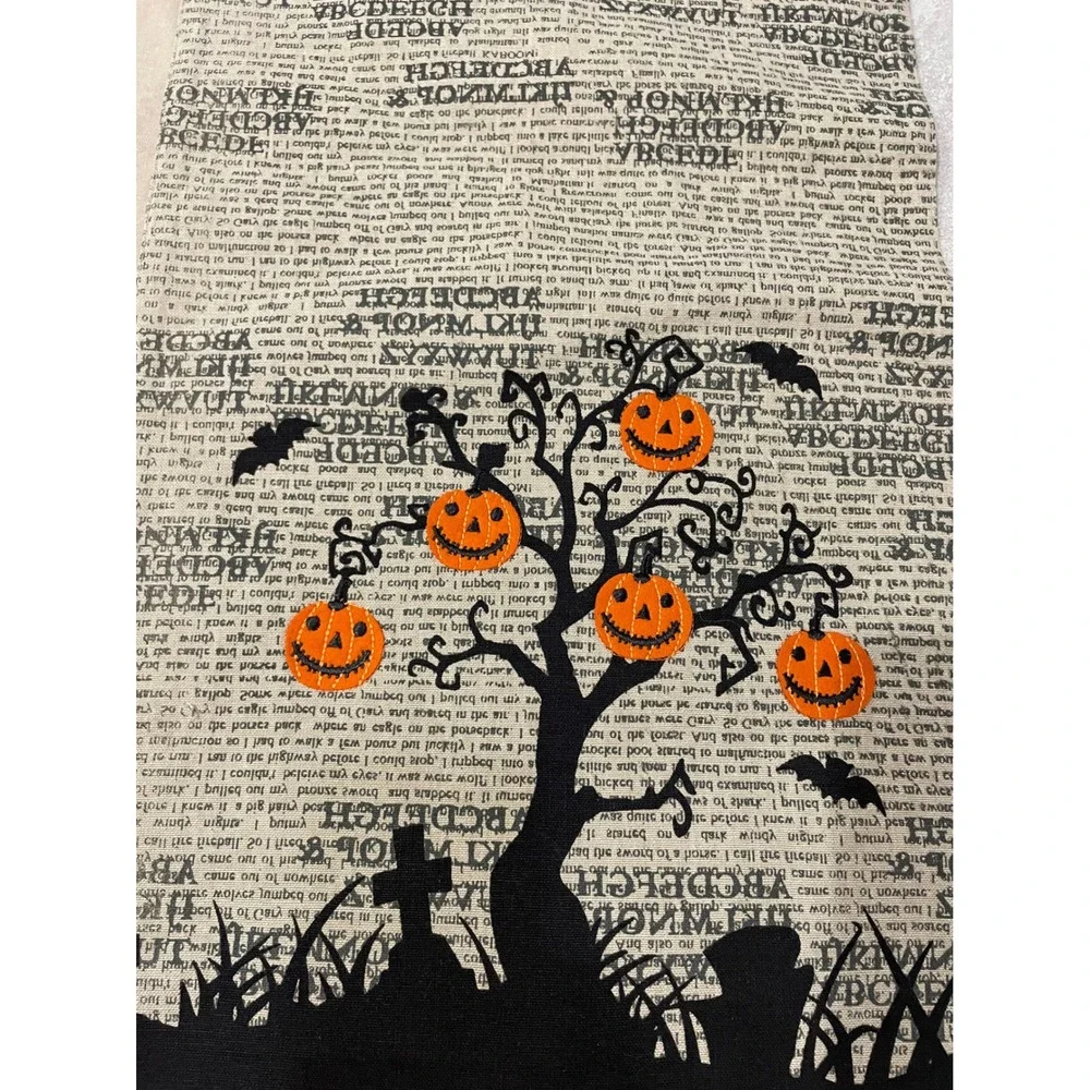 Halloween Table Runner Black Pumpkin Tree Newsprint‎ Lace Edge Decor Vintage